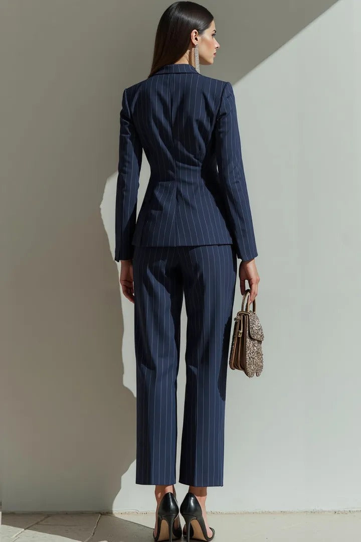 Pinstripe Double-Breasted Pantsuit with Flap Pockets