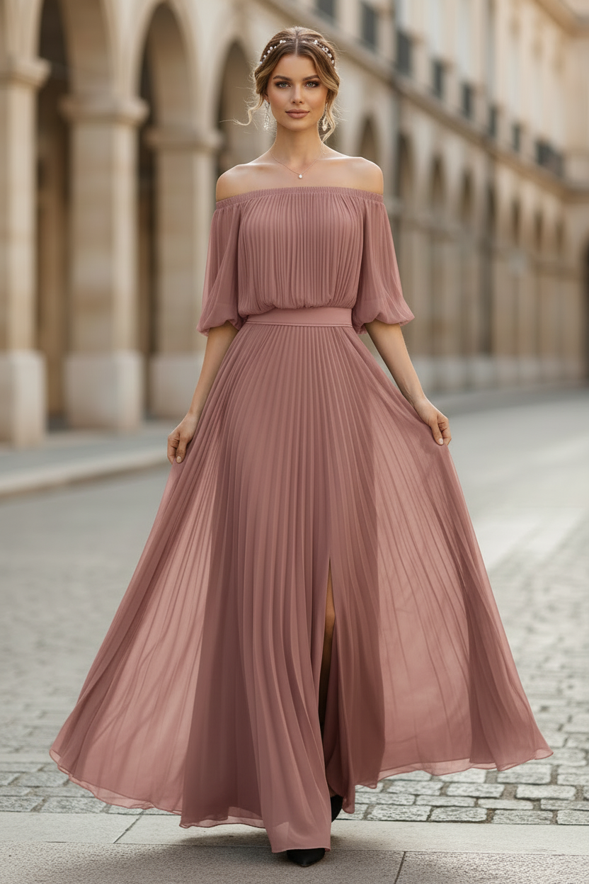 Off Shoulder Pleated Chiffon Maxi Dress with High Slit