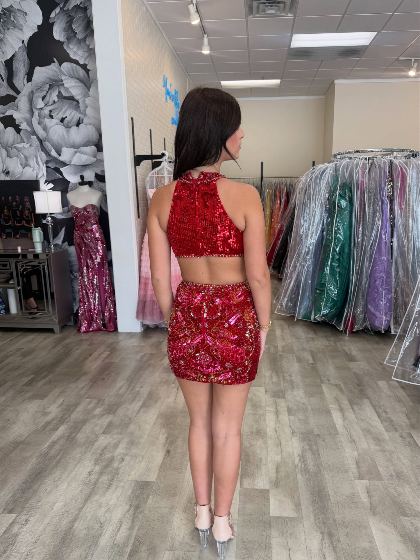 Embellished High Neck Cutout Sequin Mini Dress