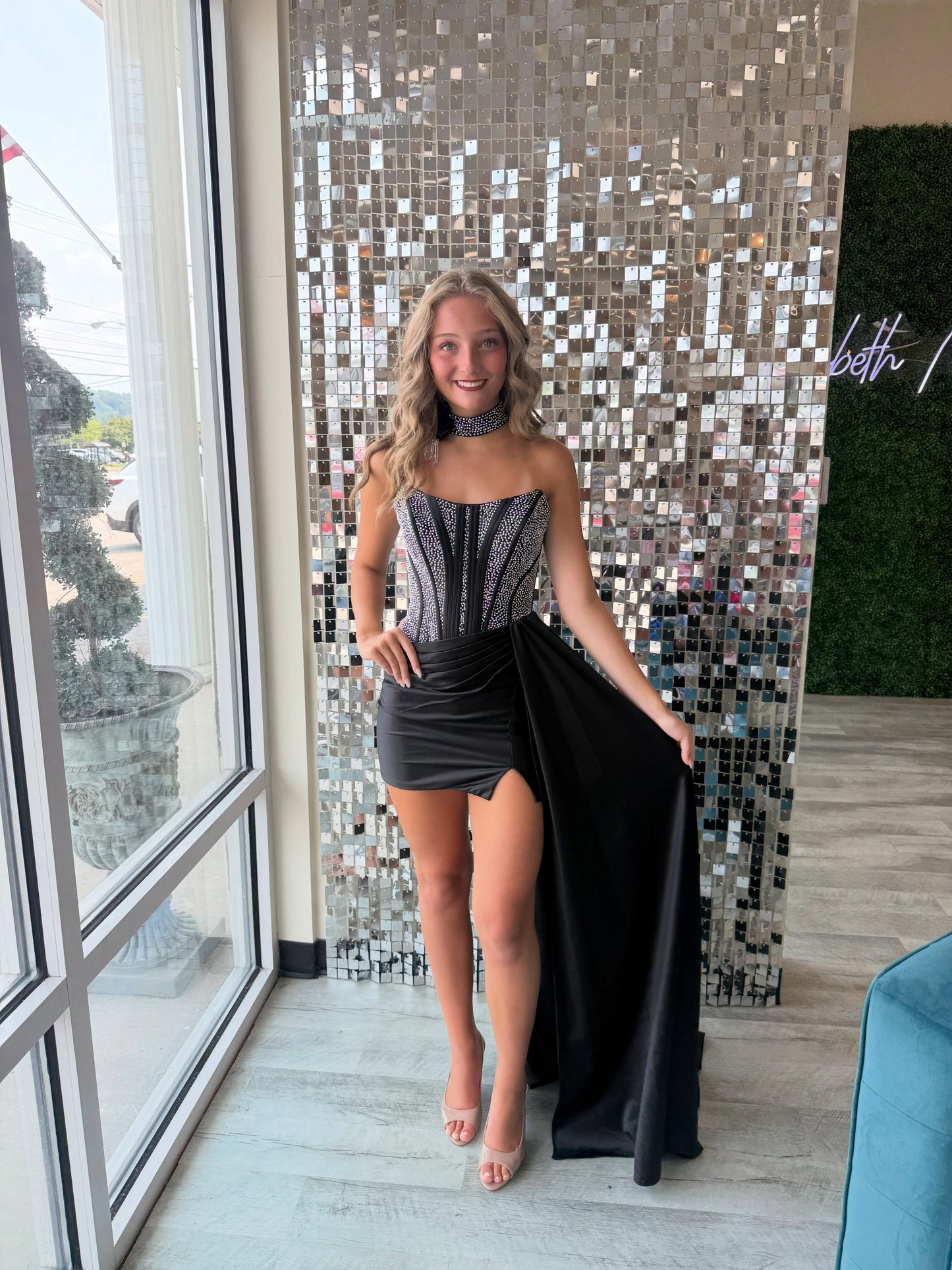 Corset Bodice Mini Dress with Sweeping Train