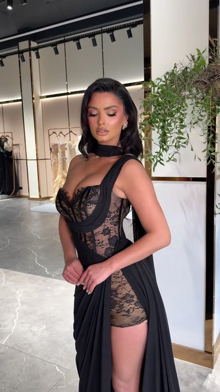One-Shoulder Lace Corset Evening Gown with Slit