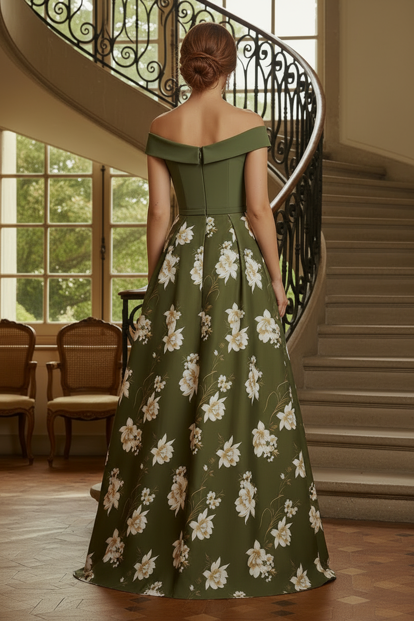 Off-the-Shoulder Floral A-Line Evening Gown