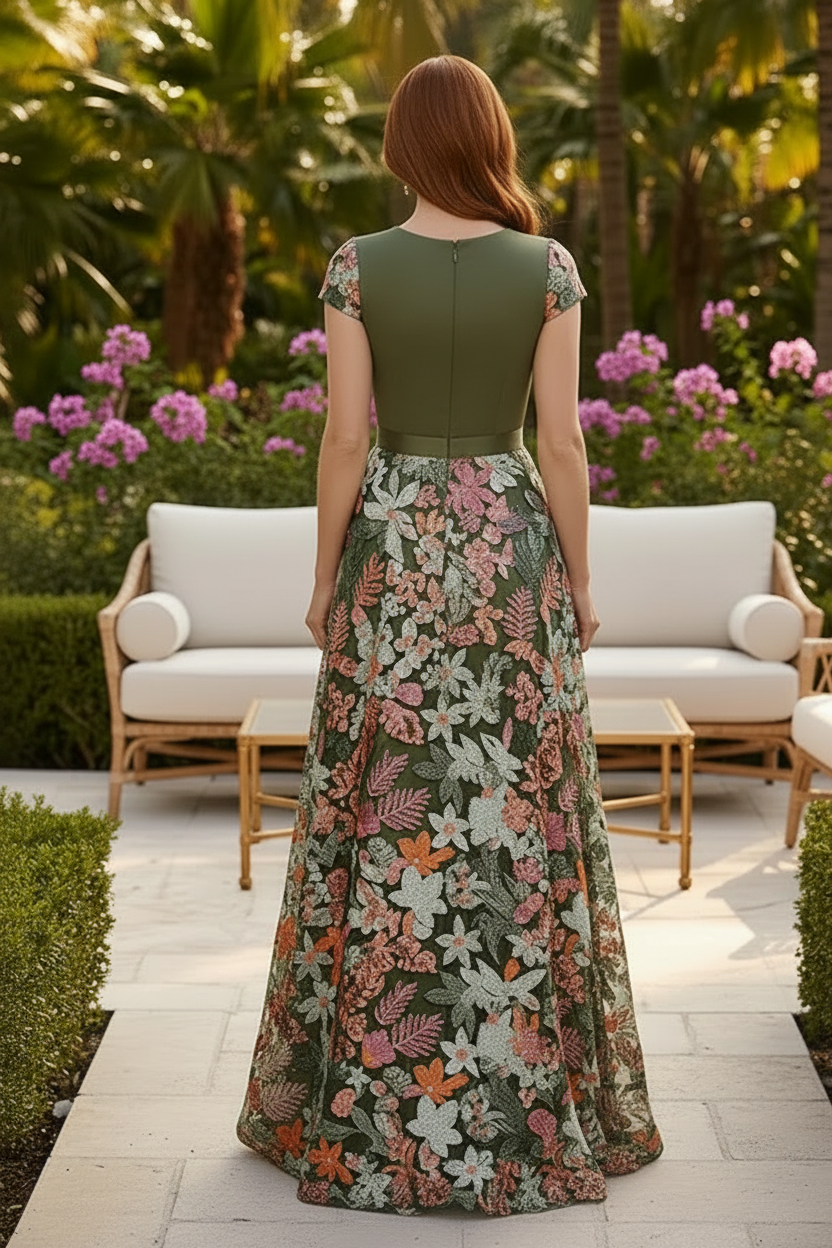 Elegant Floral Embroidered Mock Neck A-Line Gown