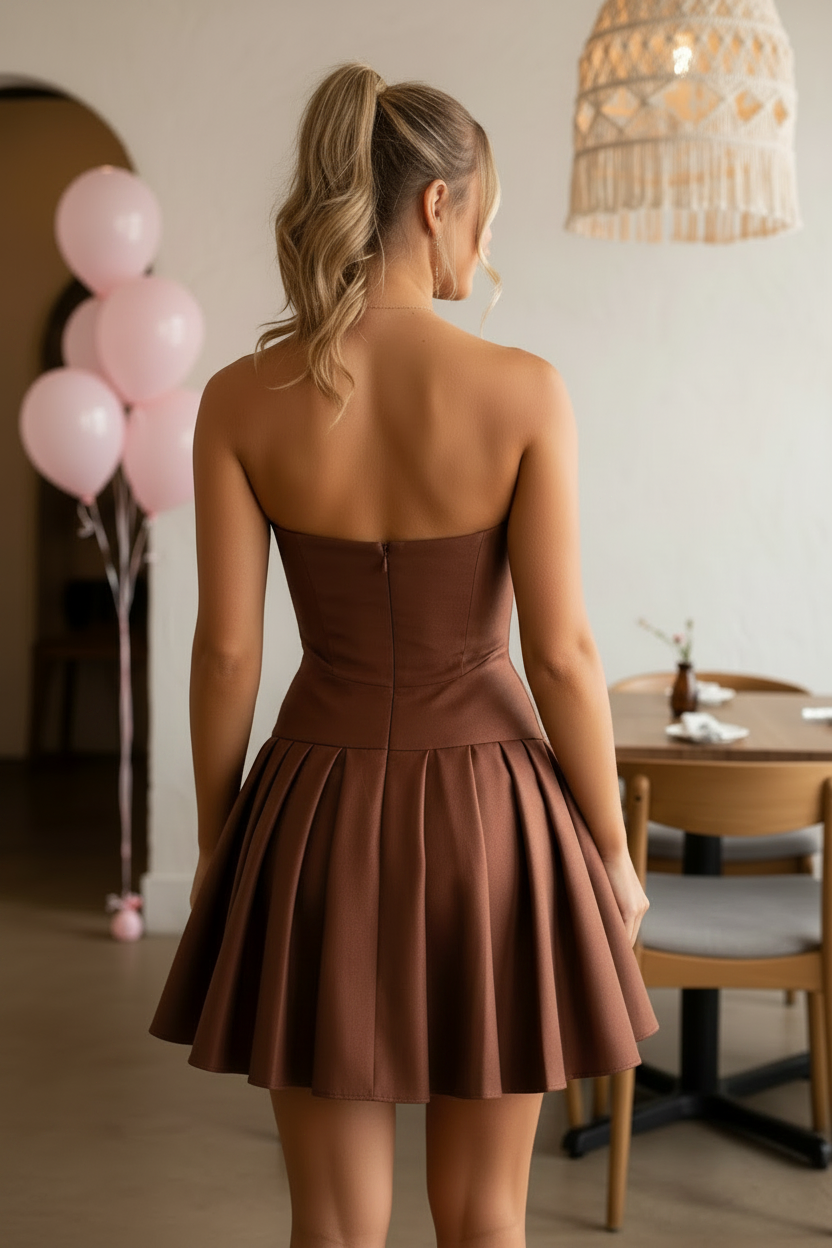 Strapless Pleated Mini Dress with Bowknot