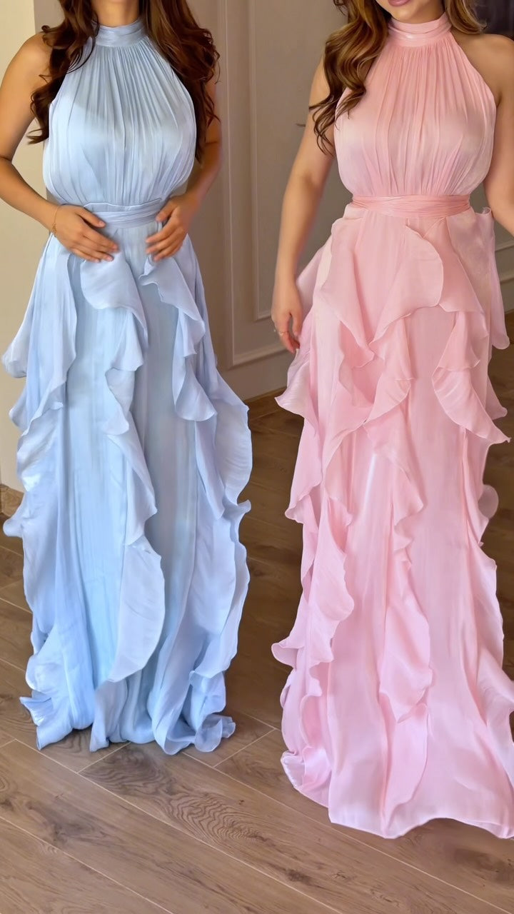 Halter Pleated Maxi Dress with Cascading Ruffles
