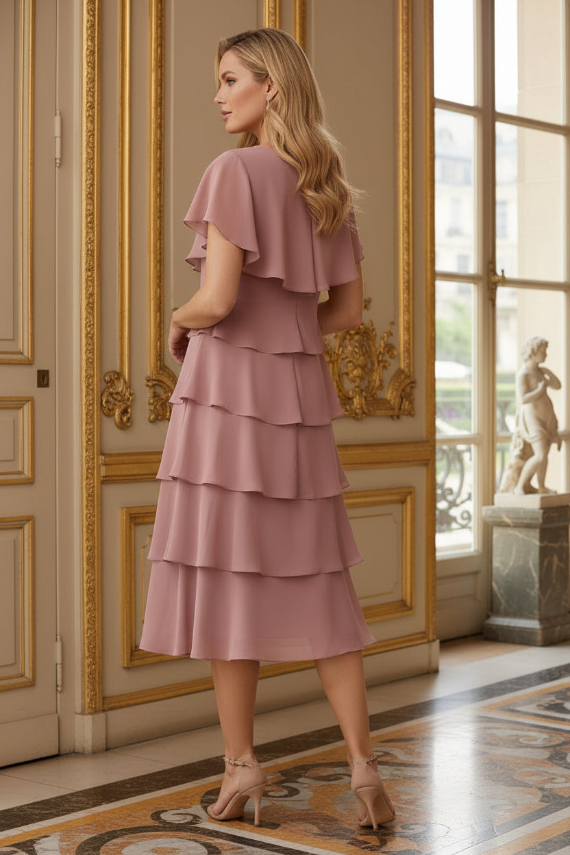 Tiered Midi Dress with Flutter Sleeves