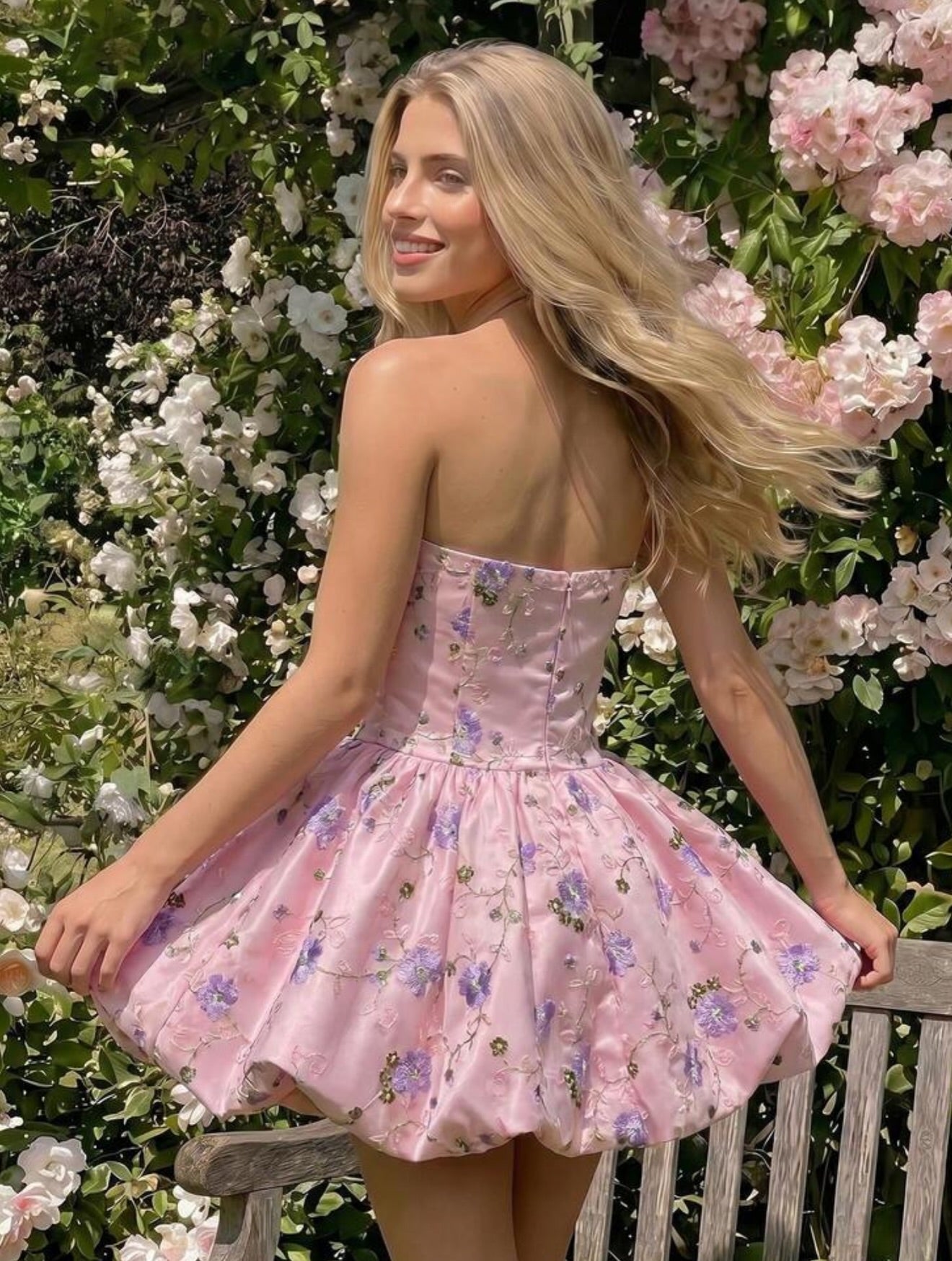 Strapless Floral Embroidered Bubble Mini Dress