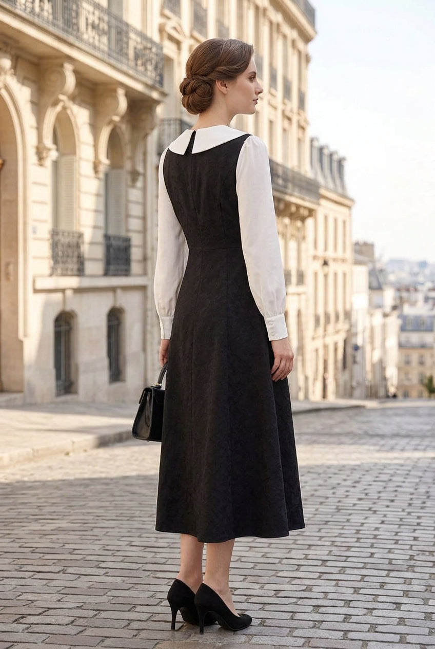 A-Line Midi Dress with Contrast Bow Collar