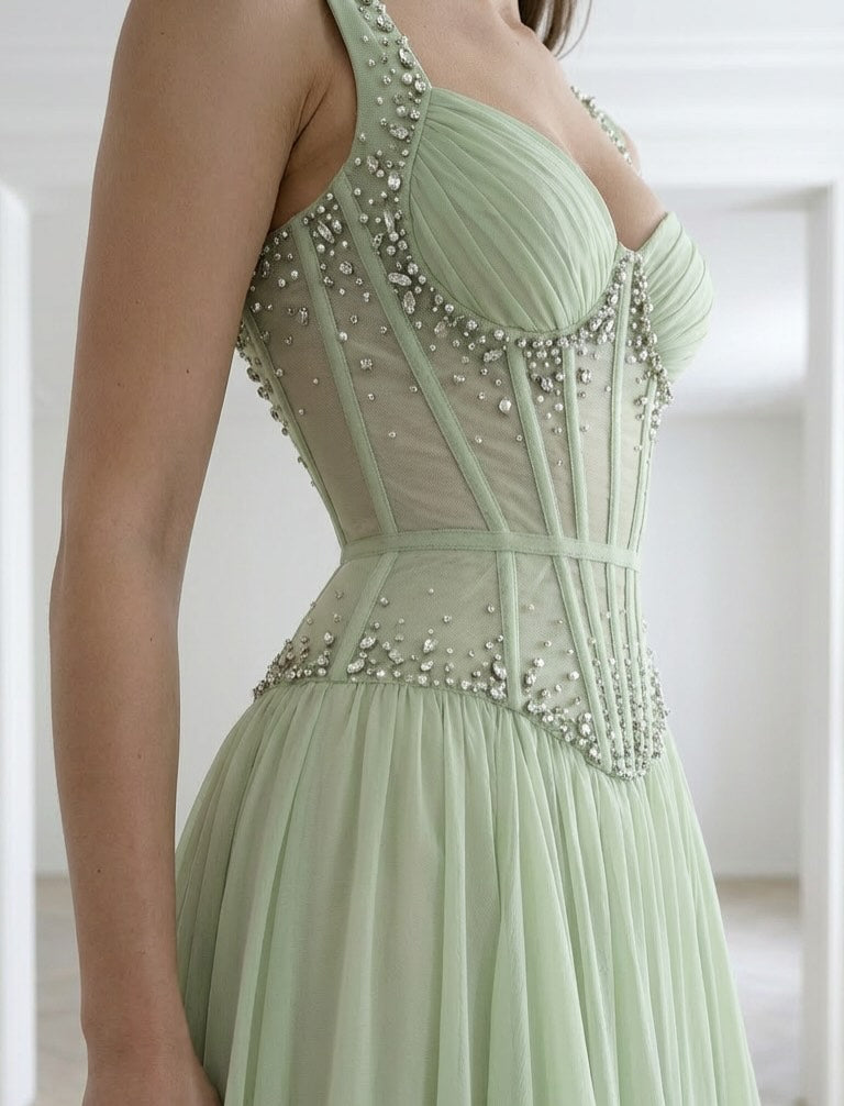 Beaded Corset Chiffon Evening Gown