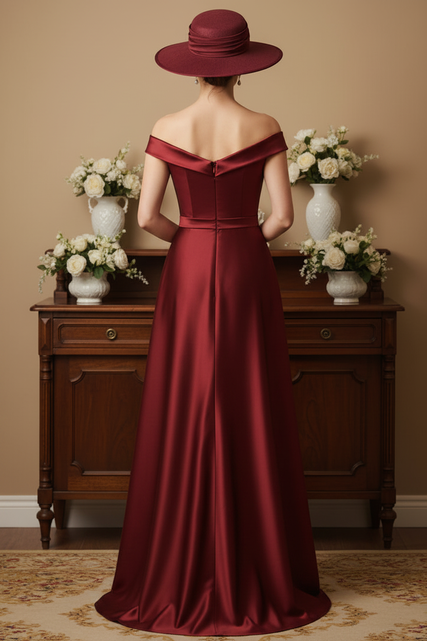 Burgundy Off-Shoulder Satin & Sequin Plus Size Evening Gown with High Slit and Train