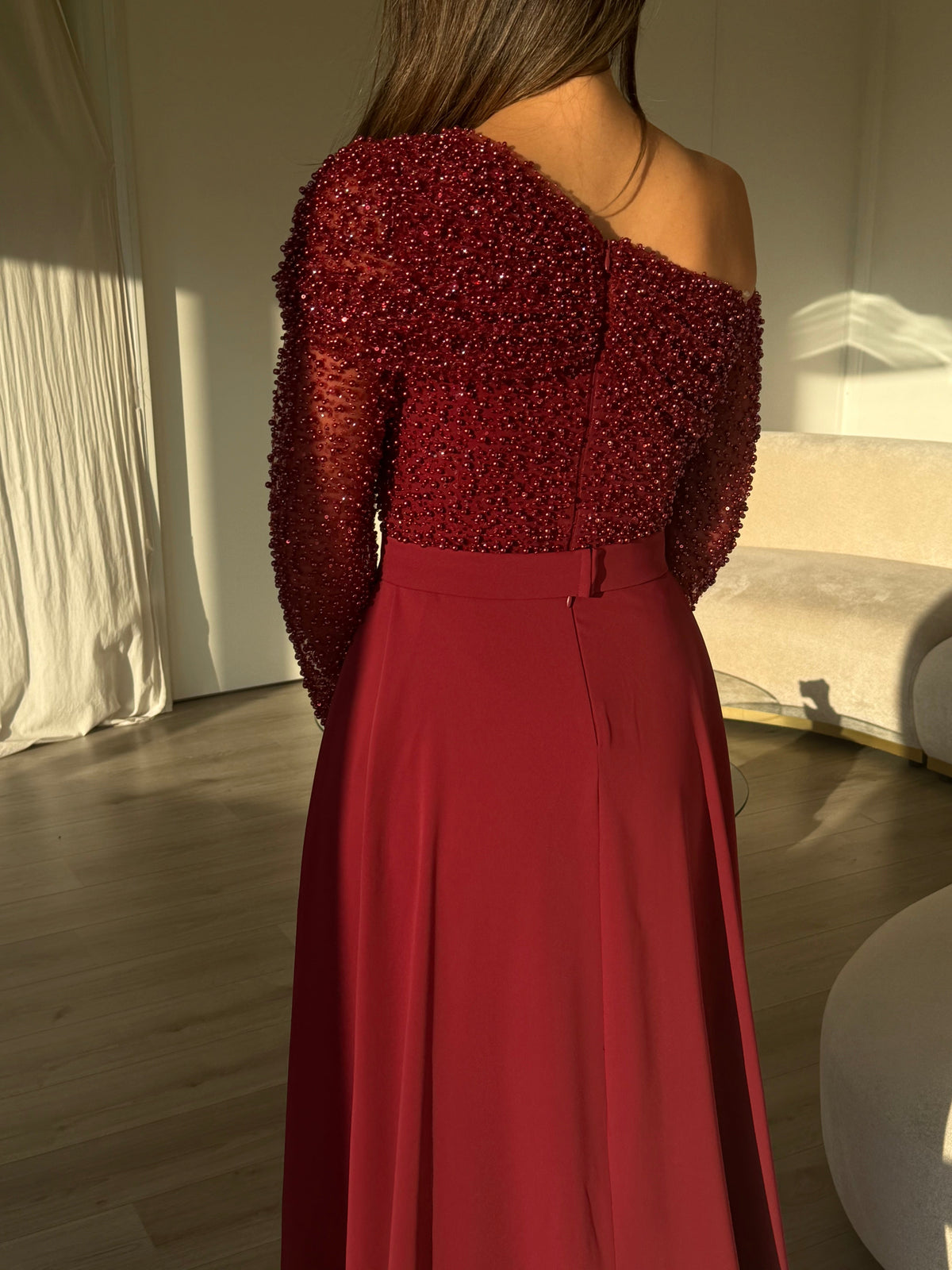 One-Shoulder Pearl Bodice Gown with Side Slit Overskirt