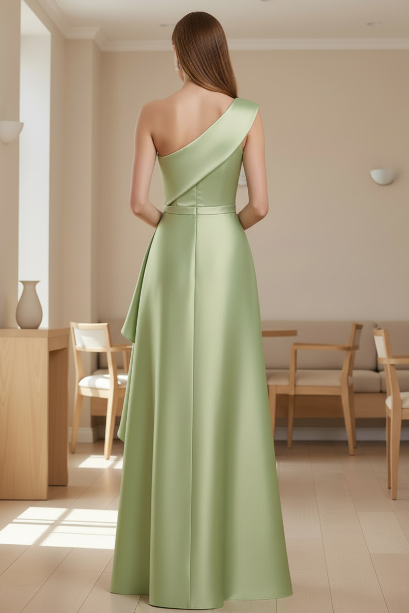 Sage Green One Shoulder Satin A-Line Gown with Cascading Ruffles | Mother of the Bride Dress