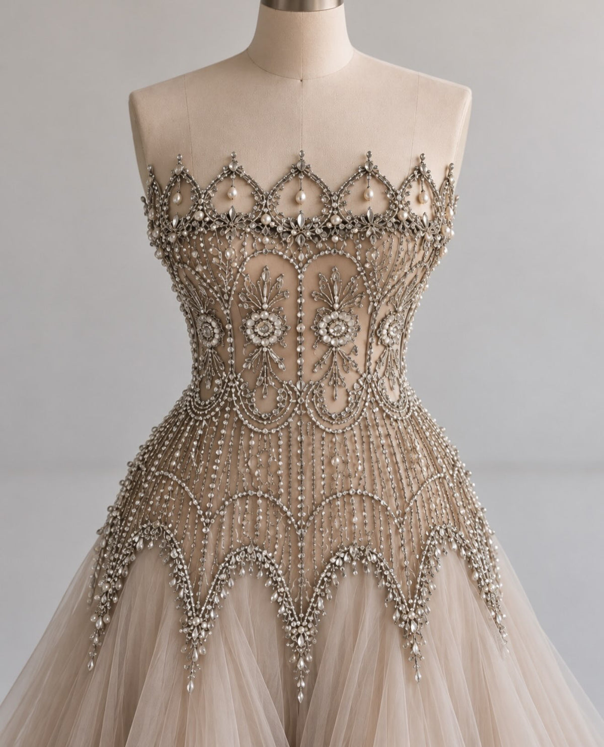 Strapless Beaded Bodice Tulle Ball Gown