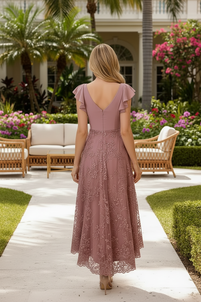 V-Neck Flutter Sleeve High-Low Lace Dress