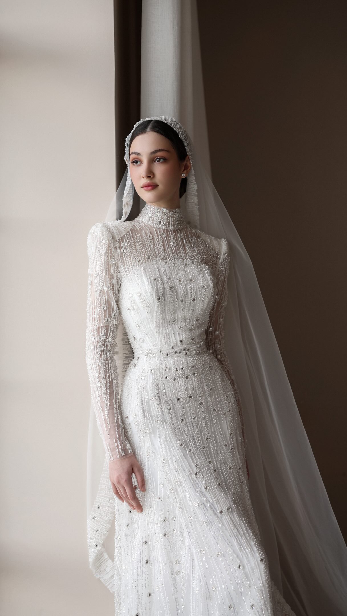 High Neck Beaded Long Sleeve Wedding Dress with Train