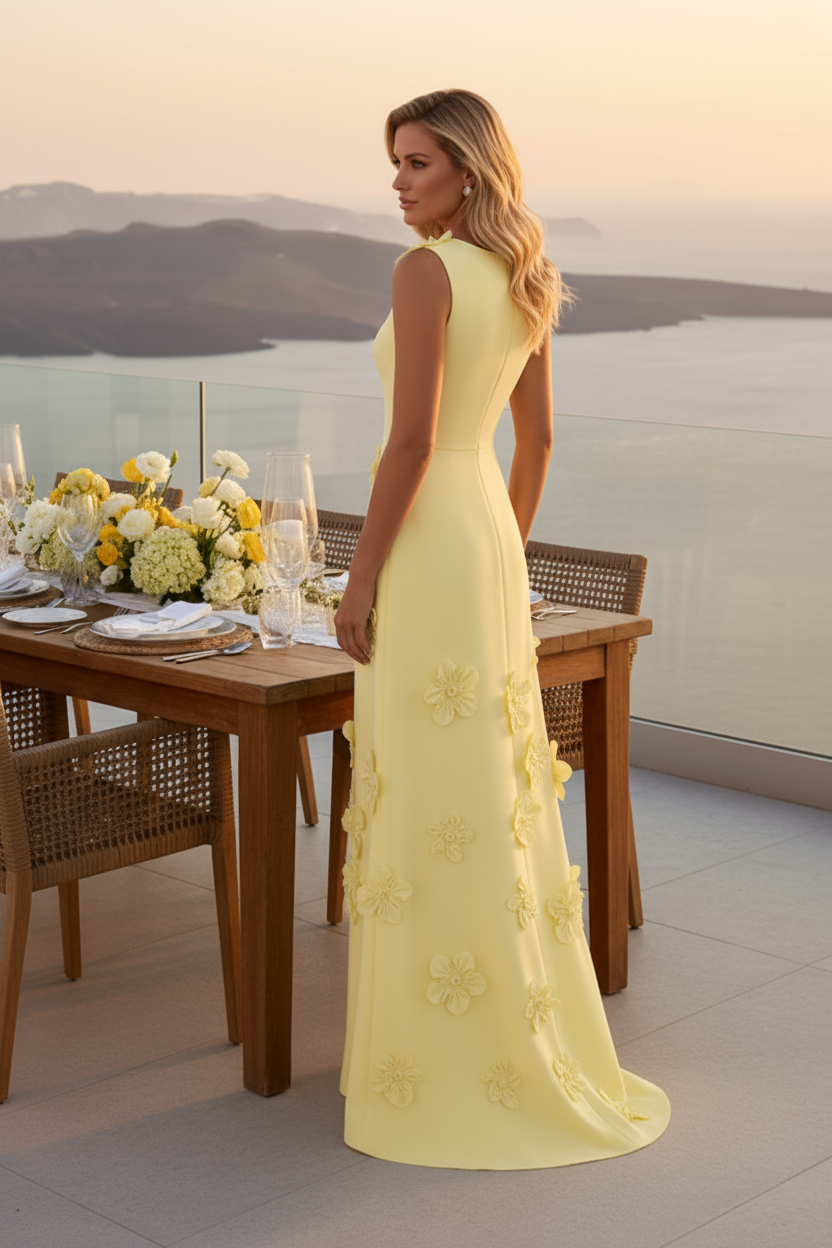 Sleeveless 3D Floral Applique Floor-Length Gown