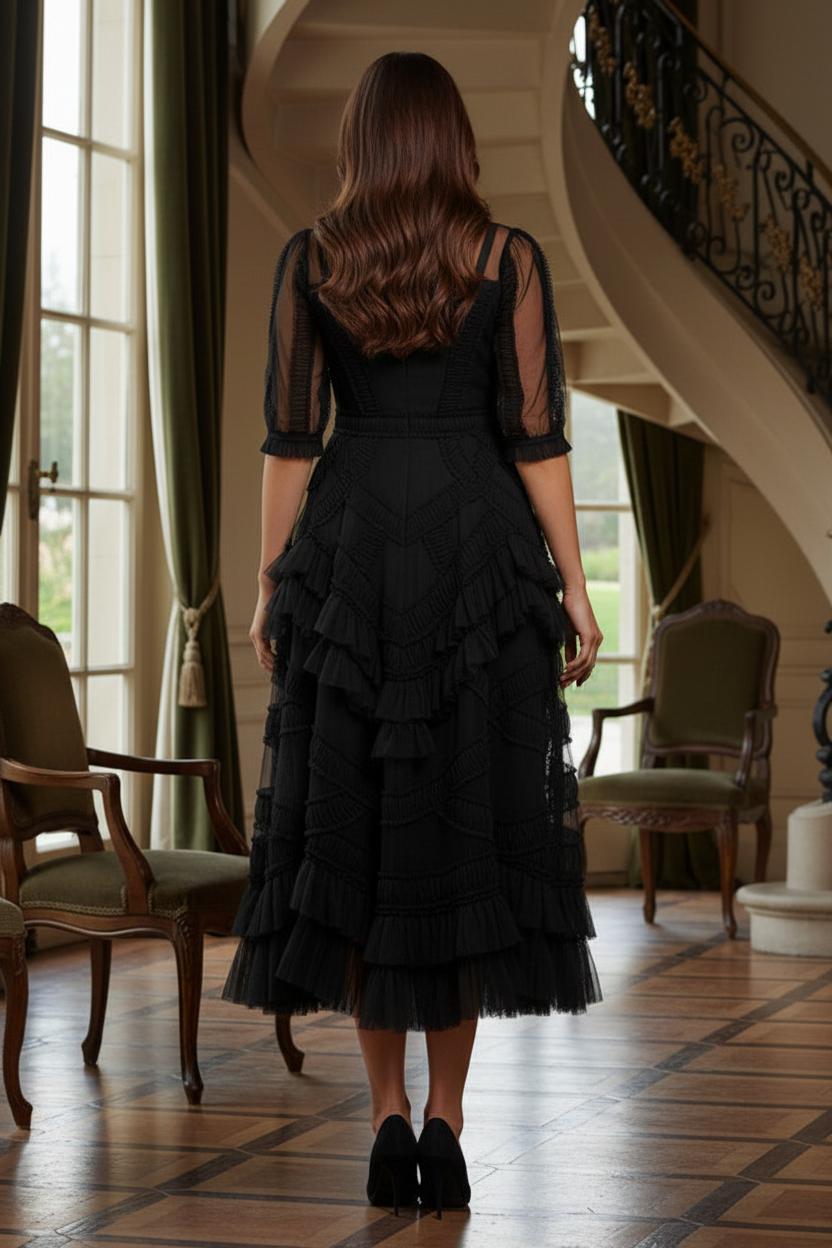 Illusion Neckline Tiered Ruffle Tulle Midi Dress