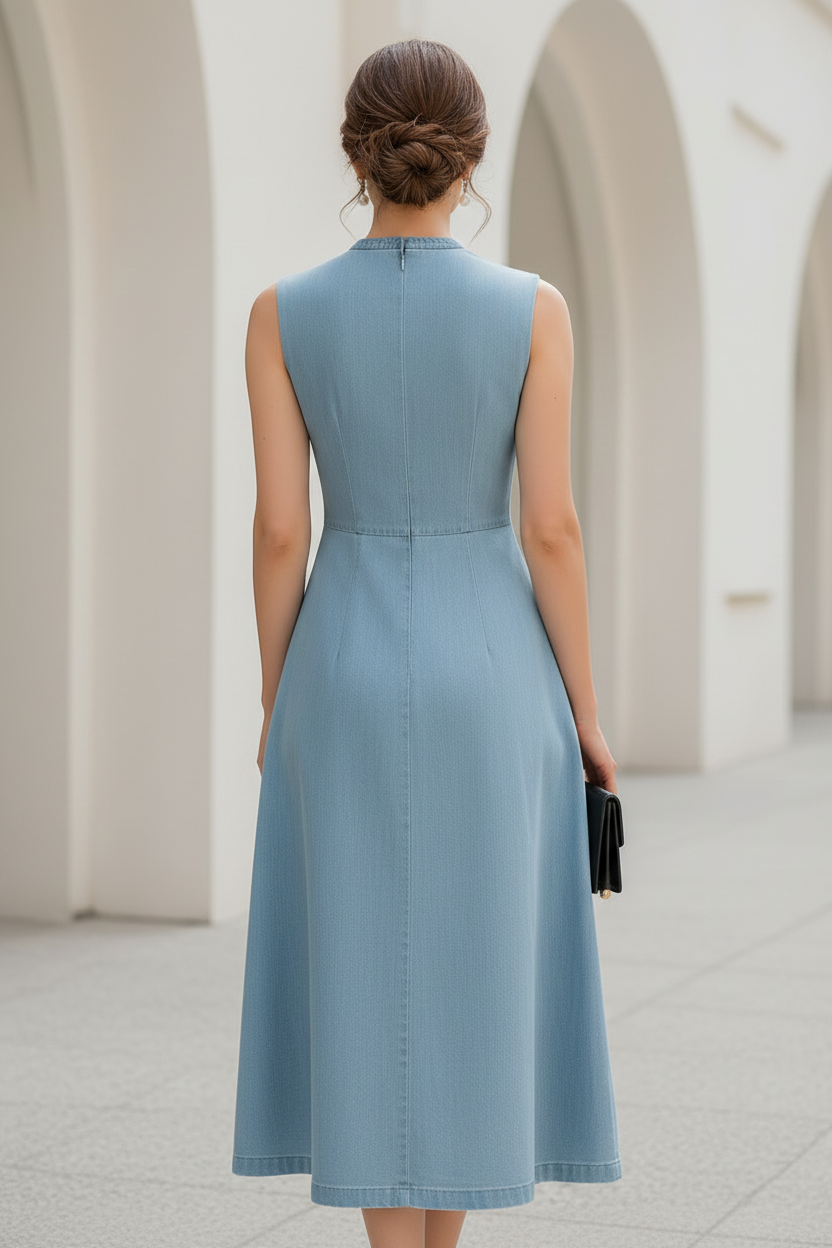 Sleeveless Button-Front Denim Midi Dress with Pockets
