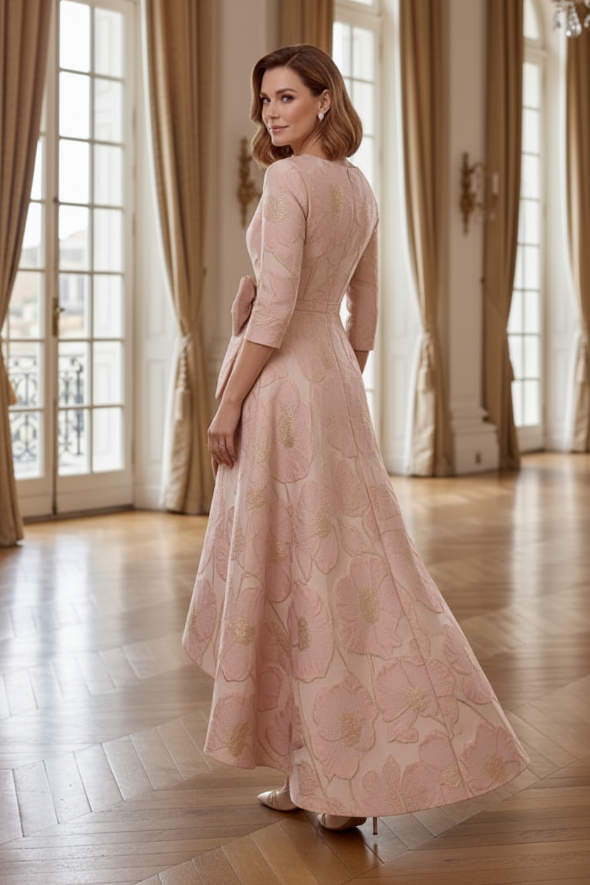 Floral Jacquard High-Low Dress with Bow Accent