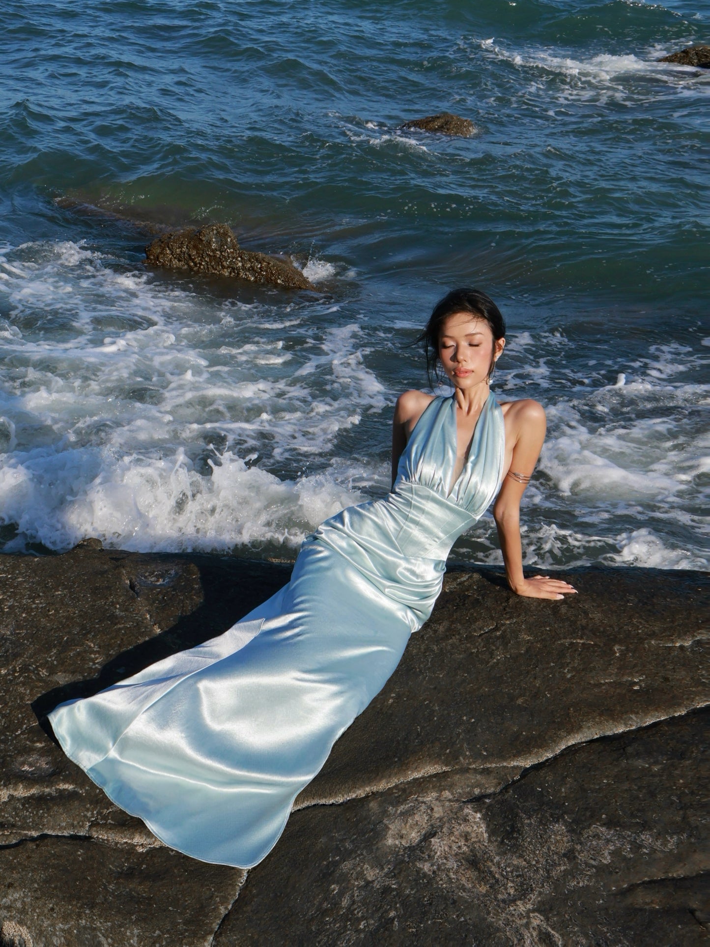 Halter Neck Satin Mermaid Evening Gown