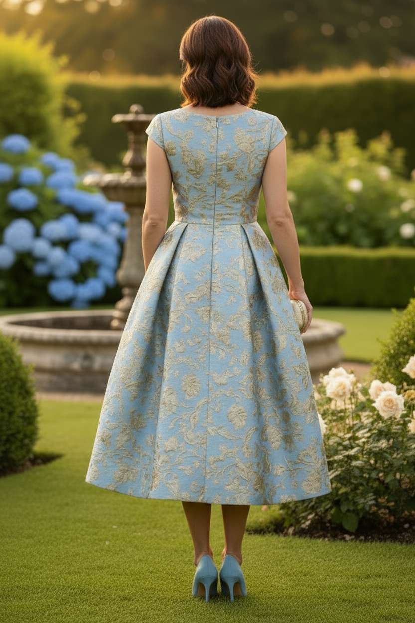 Floral Jacquard Pleated Tea-Length Dress