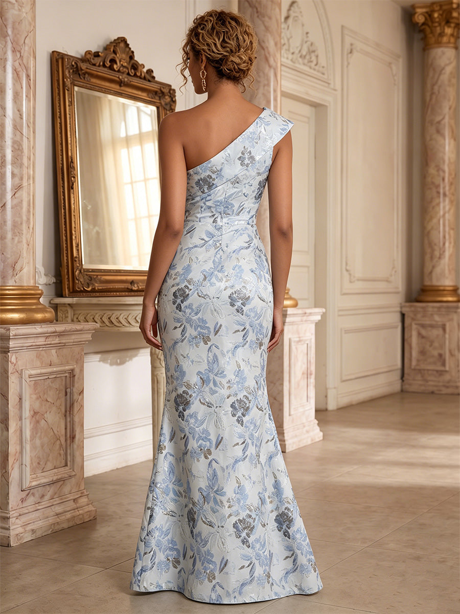 One-Shoulder Metallic Floral Jacquard Evening Gown