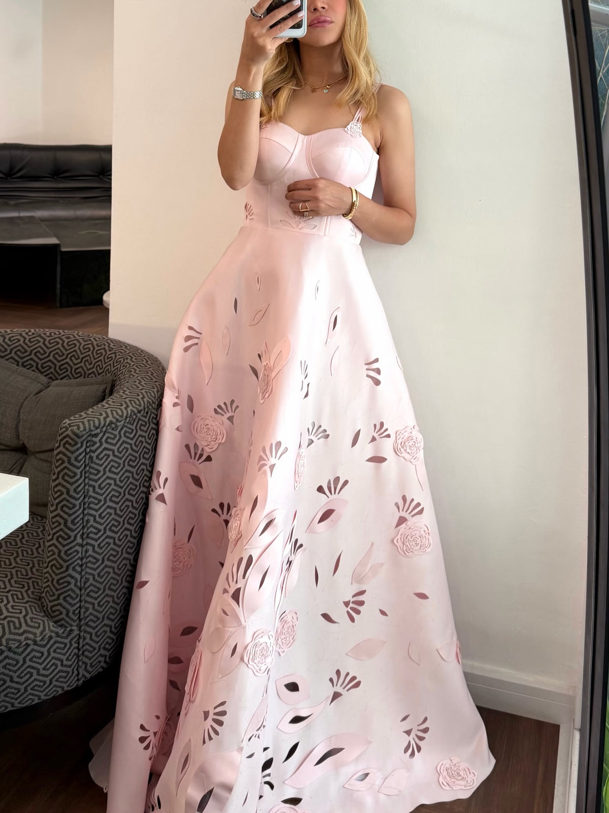 Cut-Out Floral A-Line Gown with Corset Bodice
