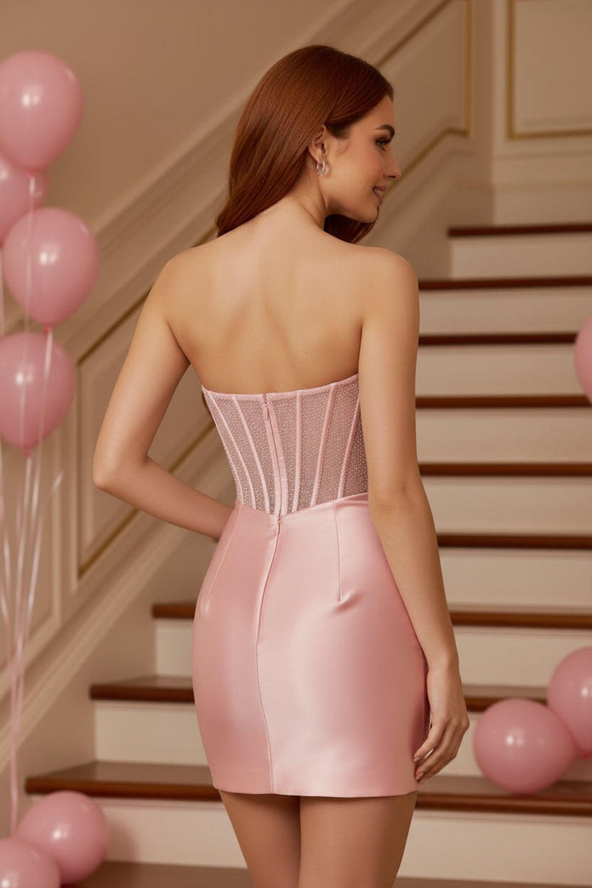Strapless Beaded Corset Satin Bodycon Mini Dress