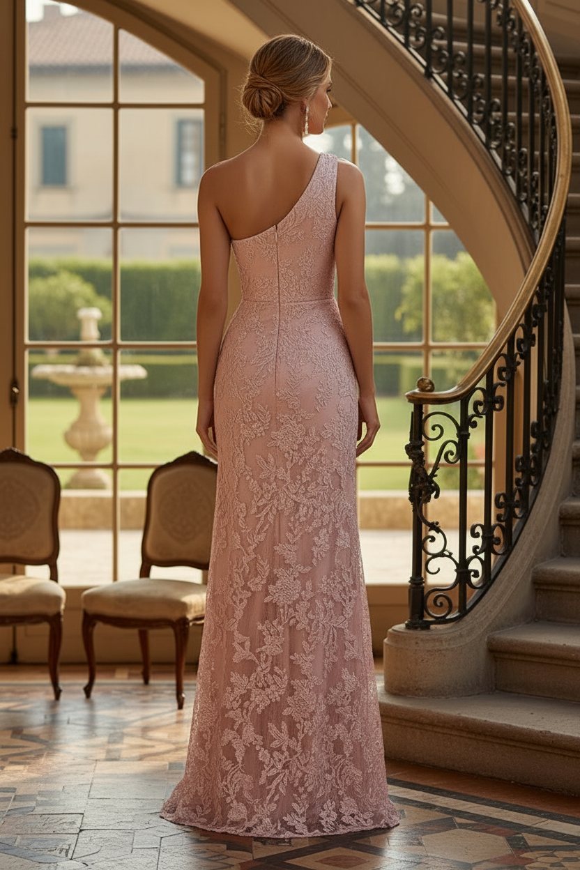 One-Shoulder Lace Maxi Dress with Side Draping