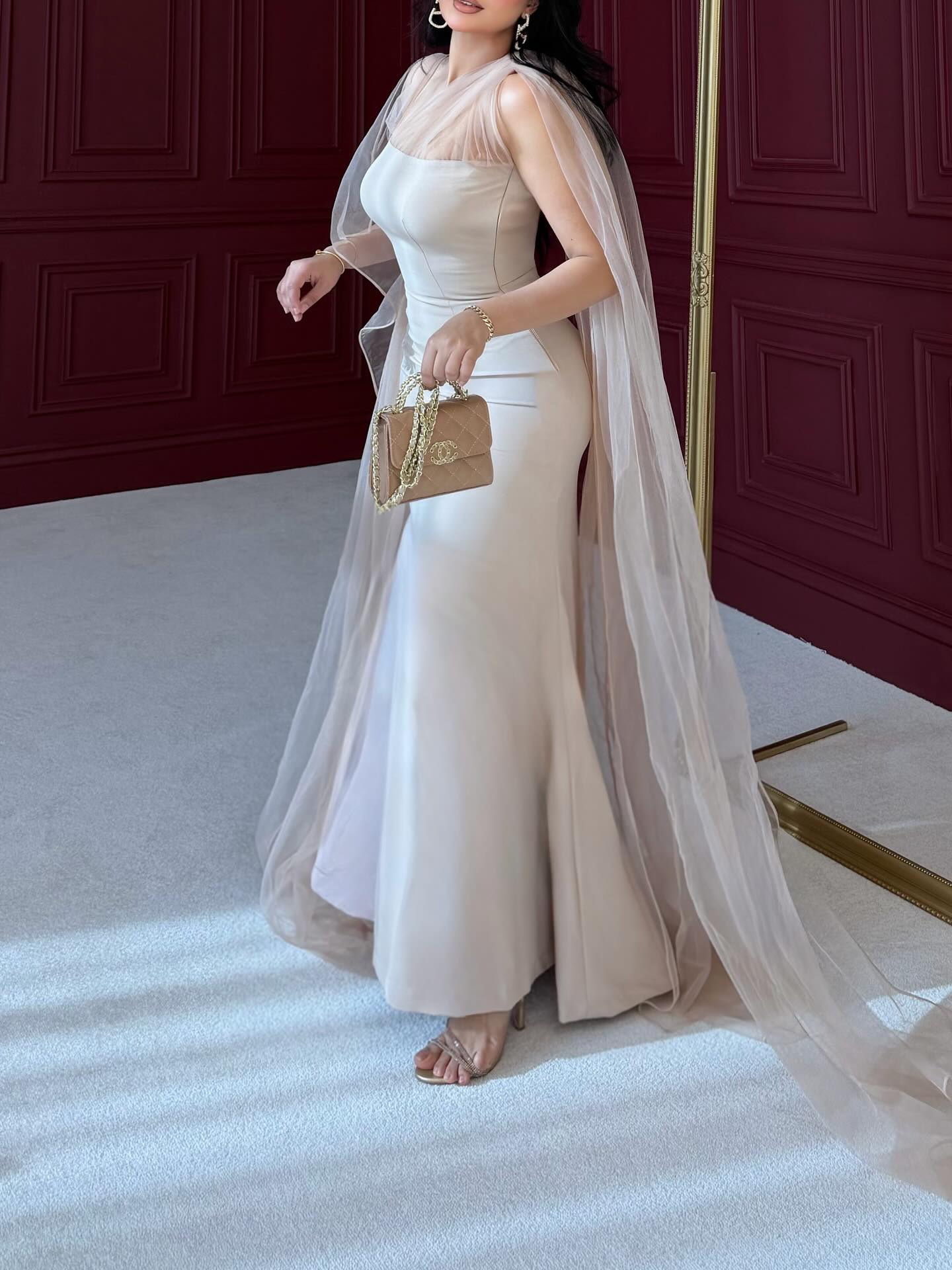 Elegant Mermaid Evening Gown with Sheer Cape Overlay