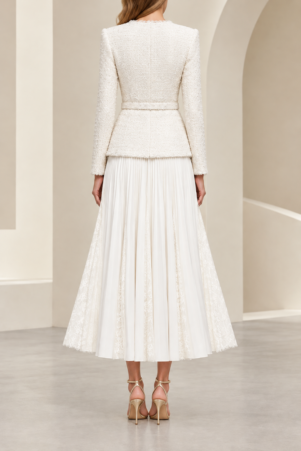 Tweed Jacket Pleated Lace Midi Dress