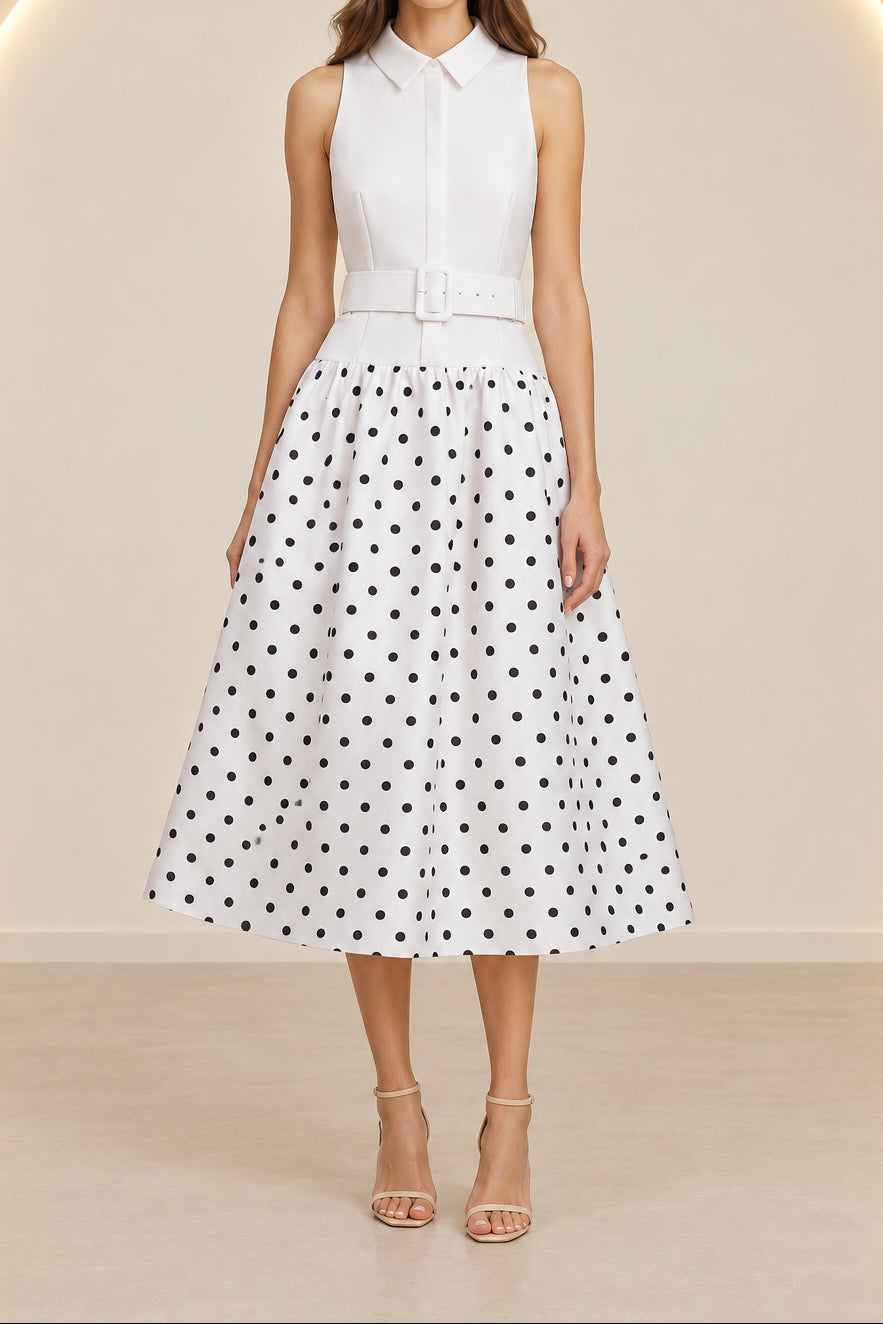 Collared Sleeveless Midi Dress with Belt