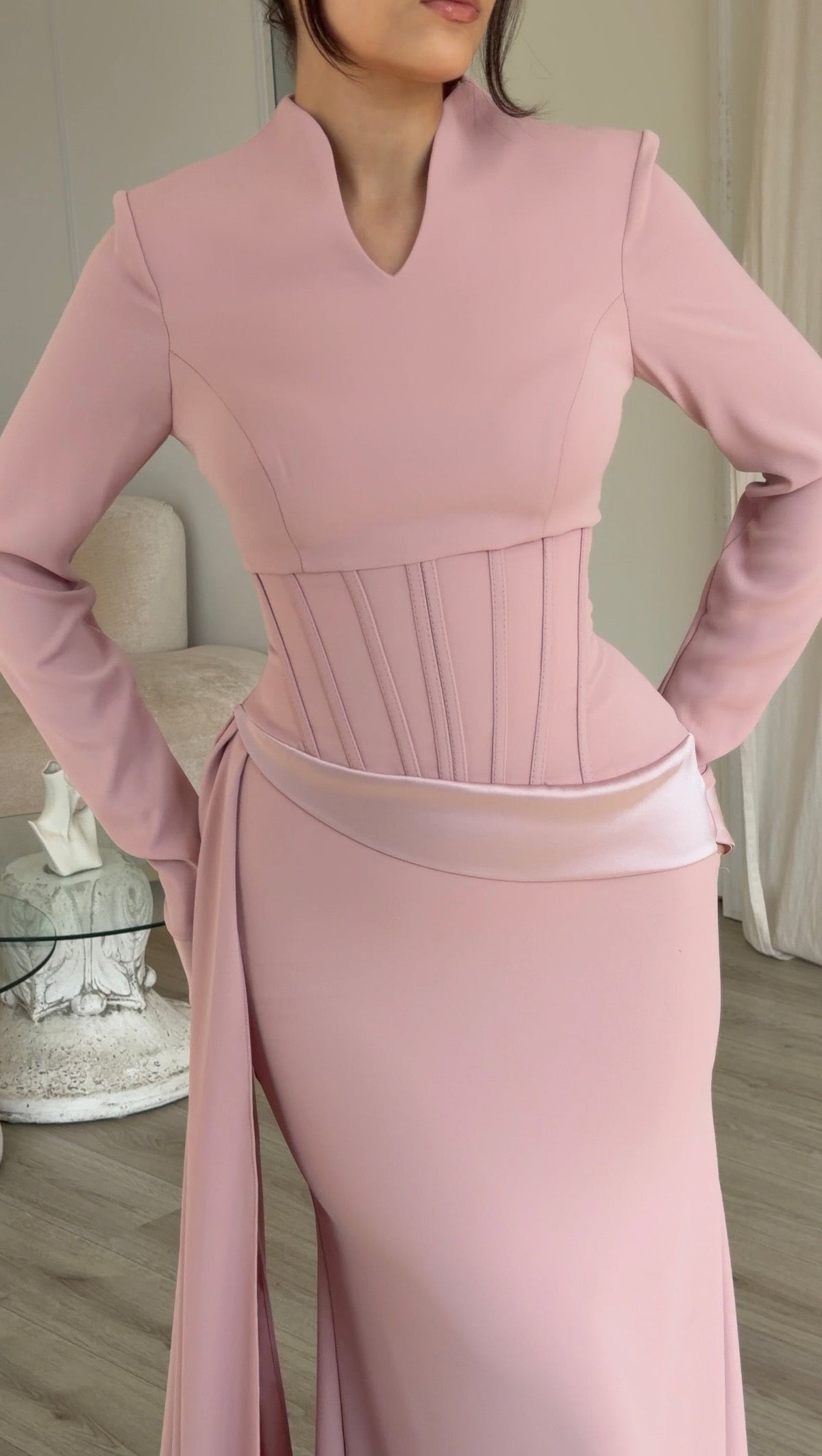 Corset Waist Long Sleeve Gown with Side Drape