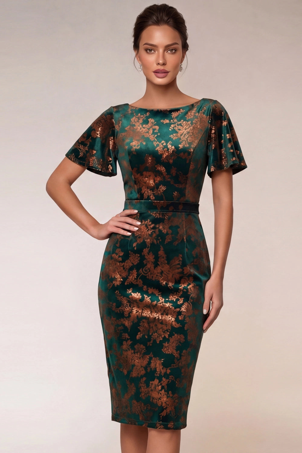 Jacquard Flutter Sleeve Sheath Dress