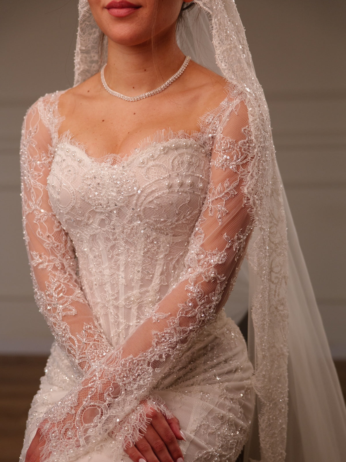 Corset Lace Mermaid Wedding Dress with Long Sleeves
