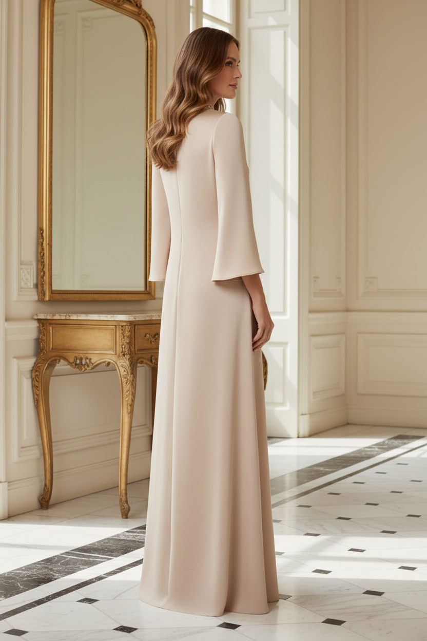 Embellished High Neck Satin Gown with Bell Sleeves