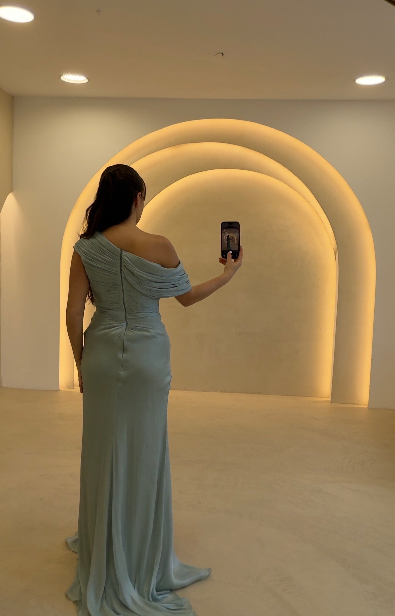 Draped One-Shoulder Column Evening Dress