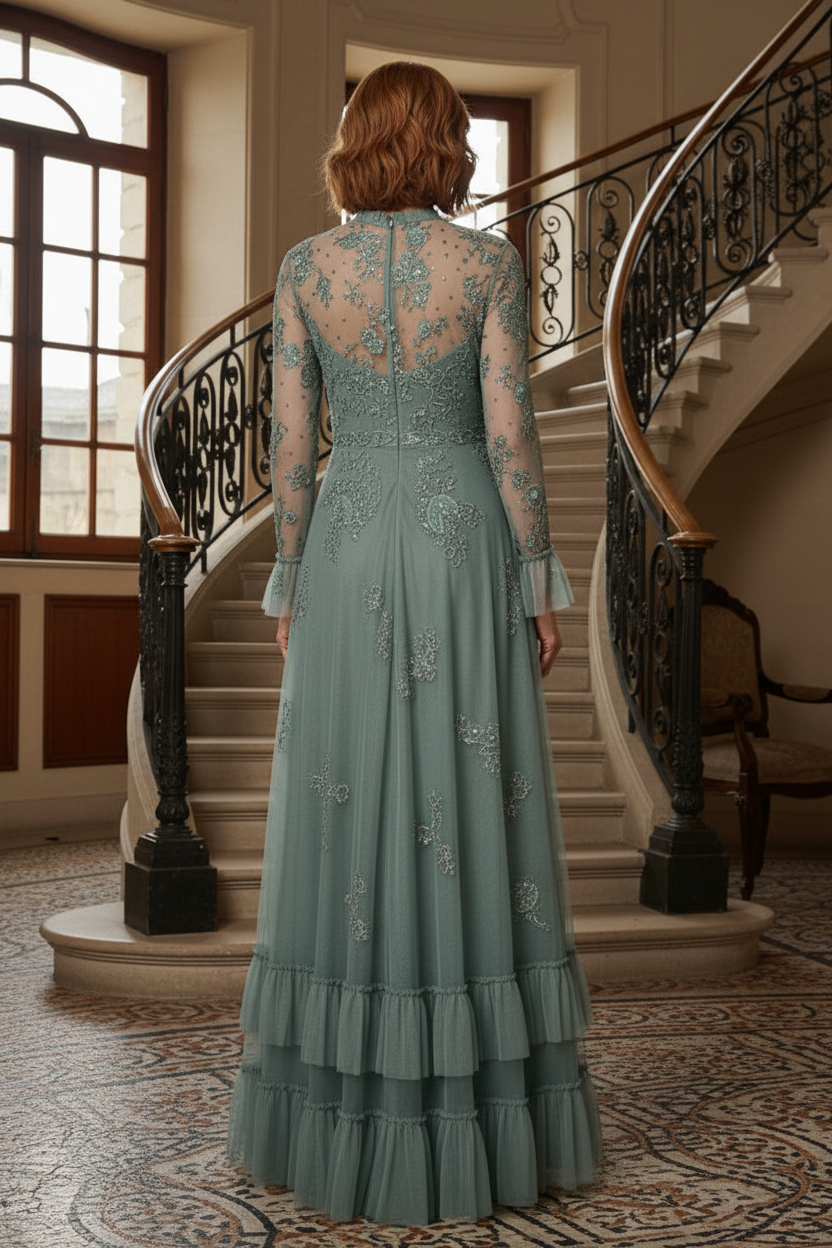 Floral Beaded Illusion Tulle Maxi Gown with Ruffle Hem
