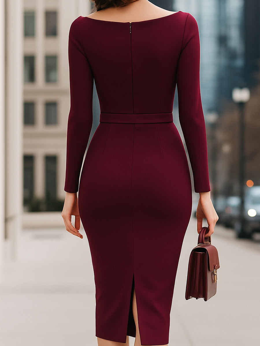 Asymmetric Fold Collar Long Sleeve Belted Midi Dress