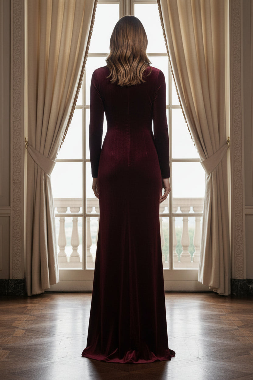 Long-Sleeve Velvet Floor-Length Evening Gown