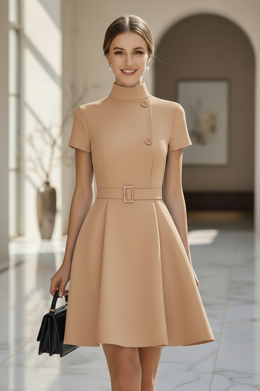 Mock Neck Belted A-Line Mini Dress with Buttons