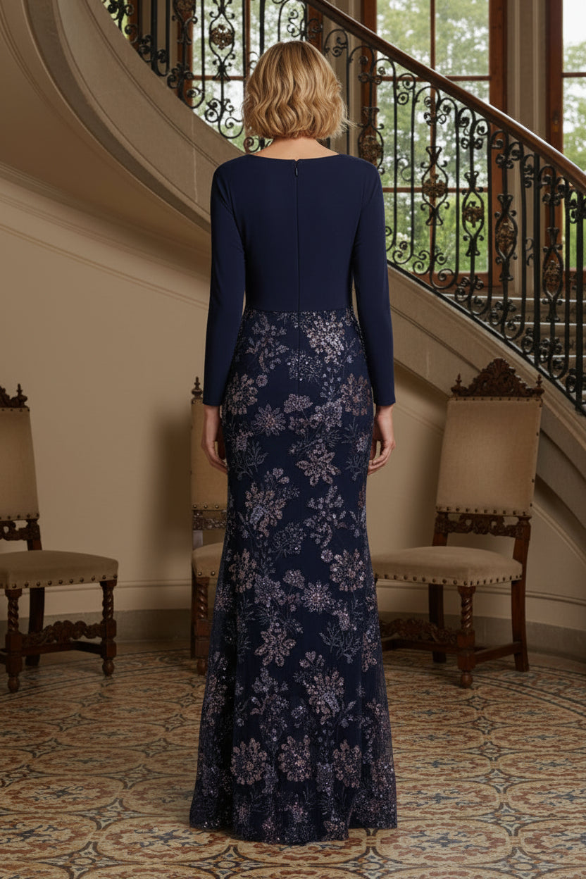 Long Sleeve V-Neck Sequin Trumpet Gown
