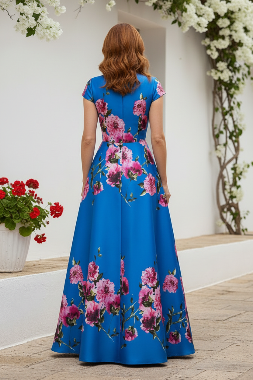 Floral Satin A-Line Evening Gown with Cap Sleeves