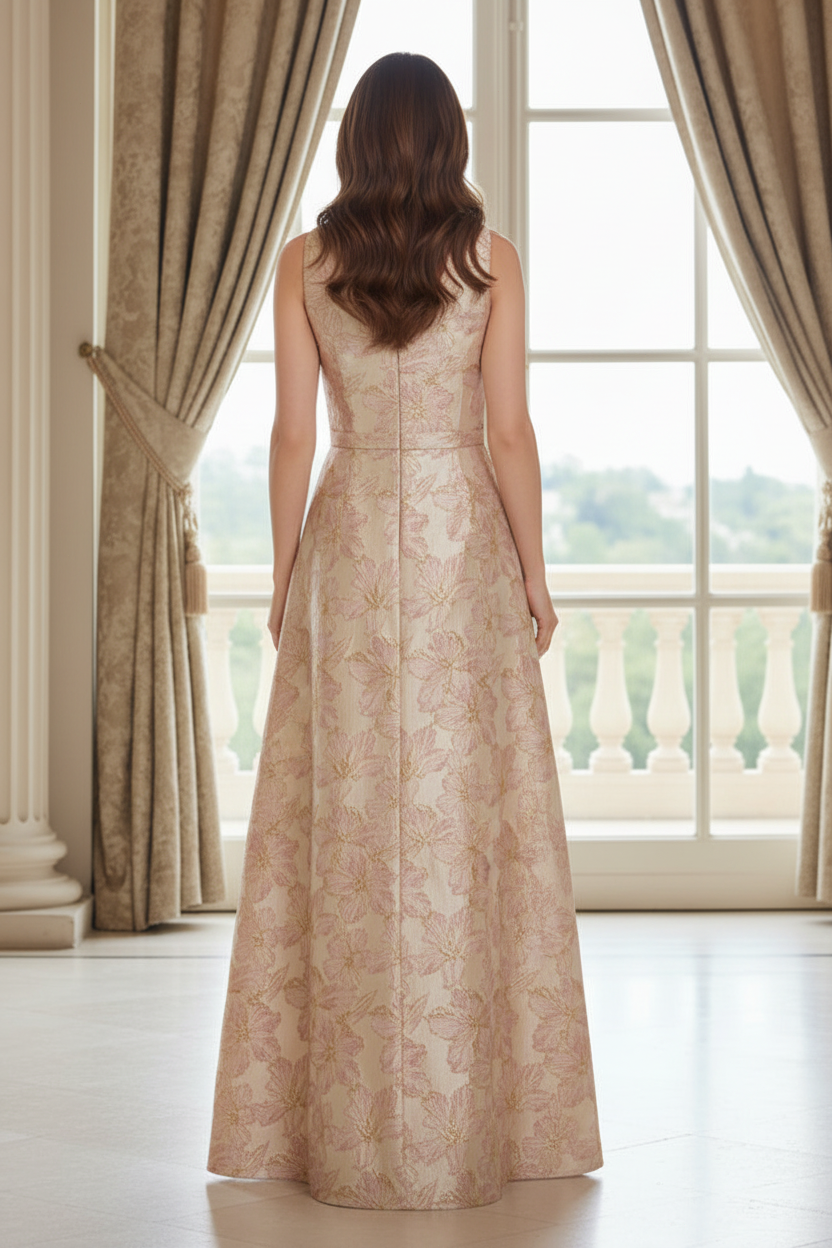 Sleeveless Floral Jacquard A-Line Evening Gown