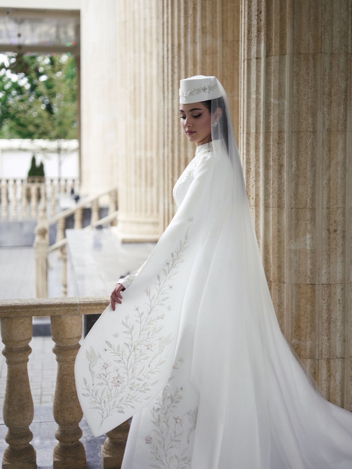 High-Neck Embroidered Bridal Gown with Cape Sleeves