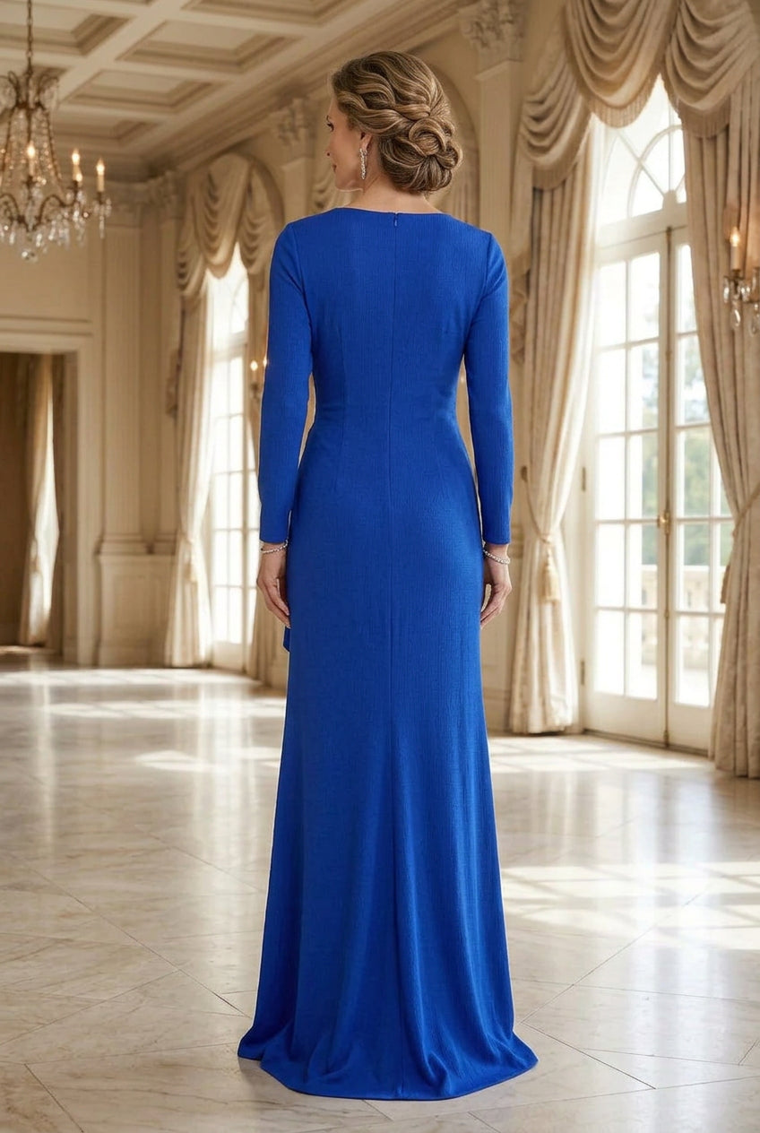 Long Sleeve V-Neck Gown with Side Drape