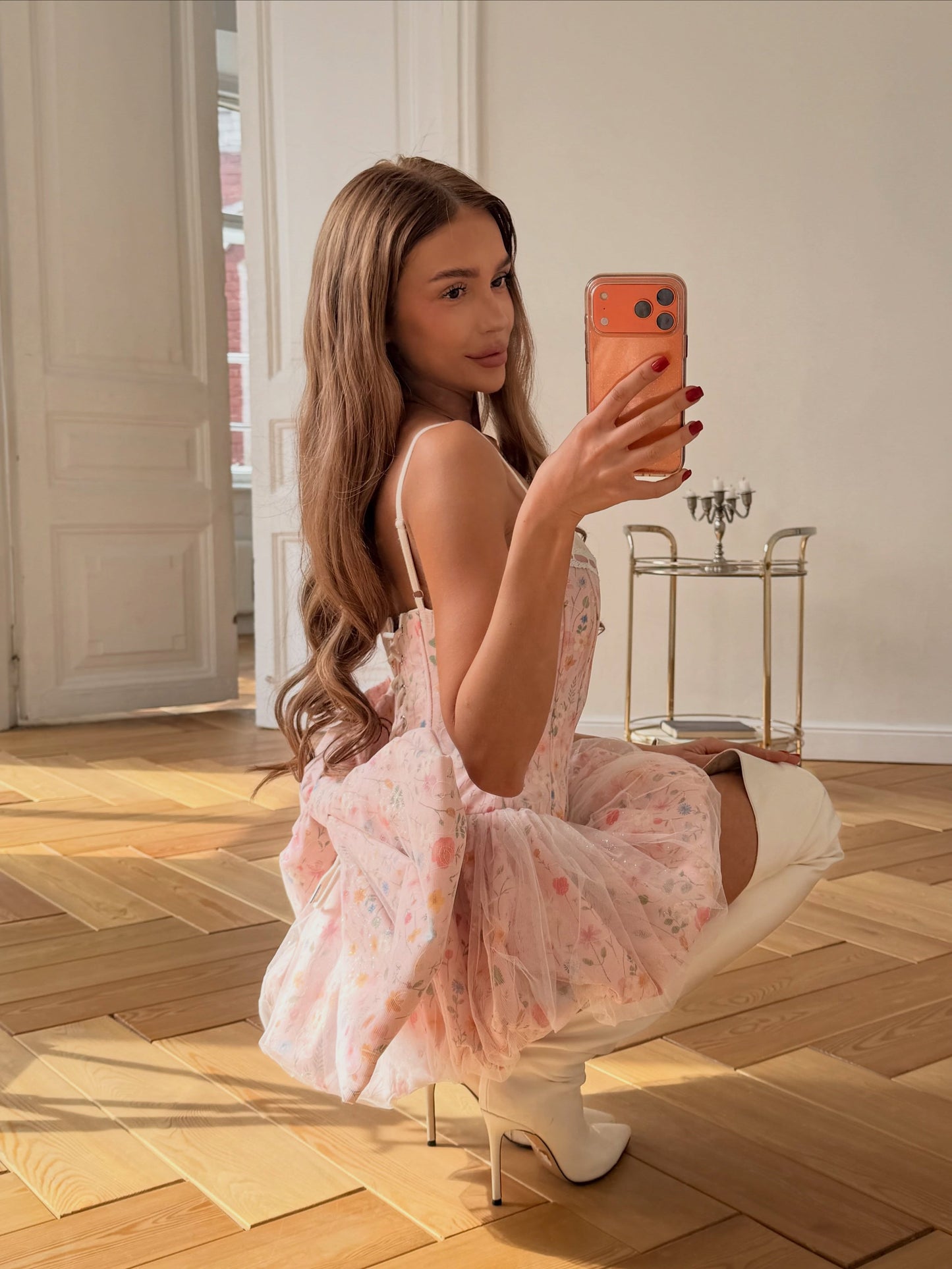 Floral Corset Tulle Mini Dress with Back Bow