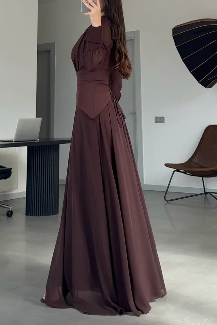 Pleated V Neck Puff Shoulder Long Sleeve Party Maxi Dresses