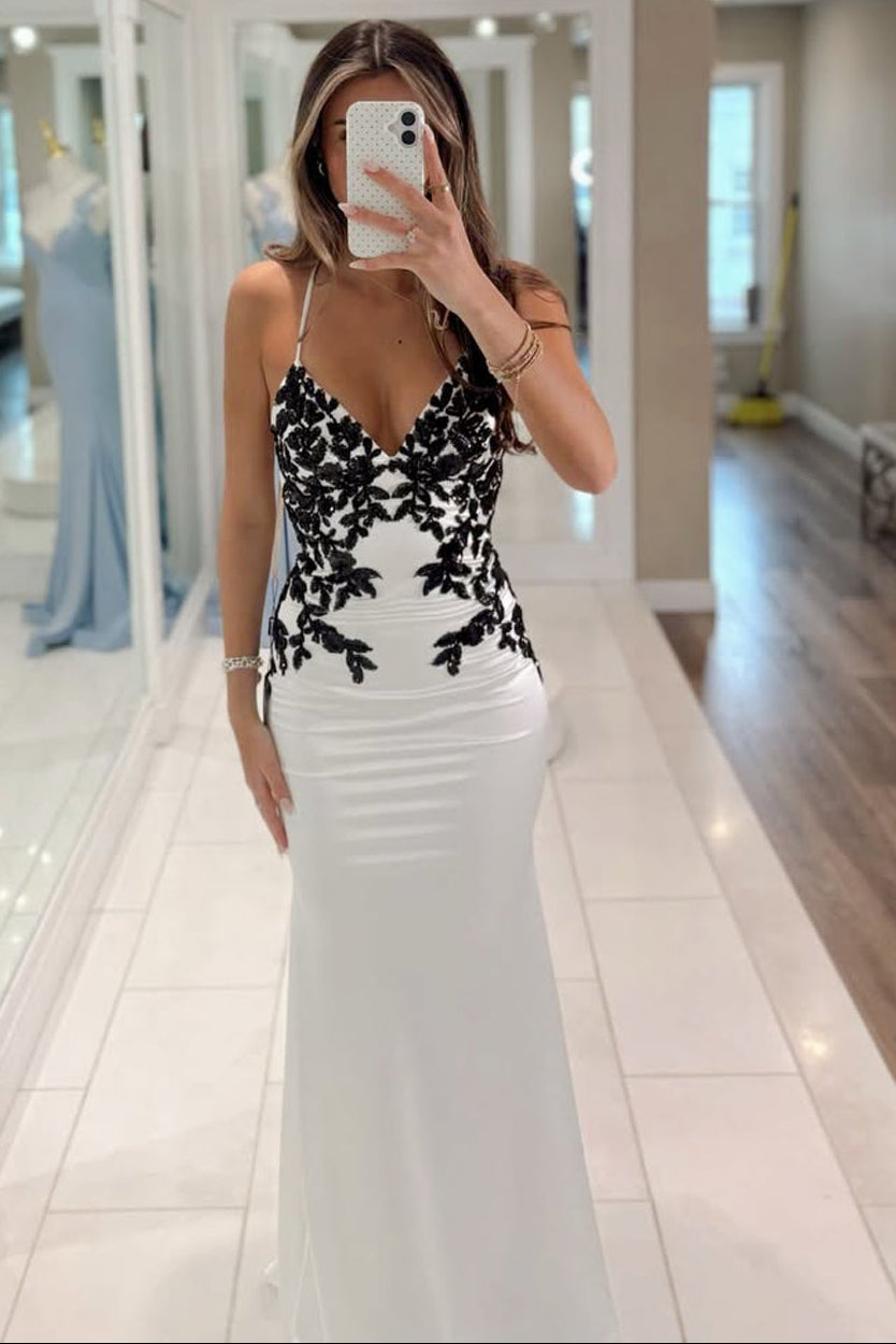 Mermaid Spaghetti Straps V Neck White Satin Long Prom Dress