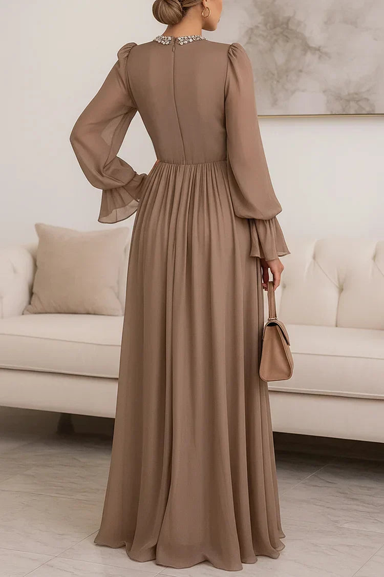 Diamond Decor Lantern Sleeve Cinch Waist Party Maxi Dresses